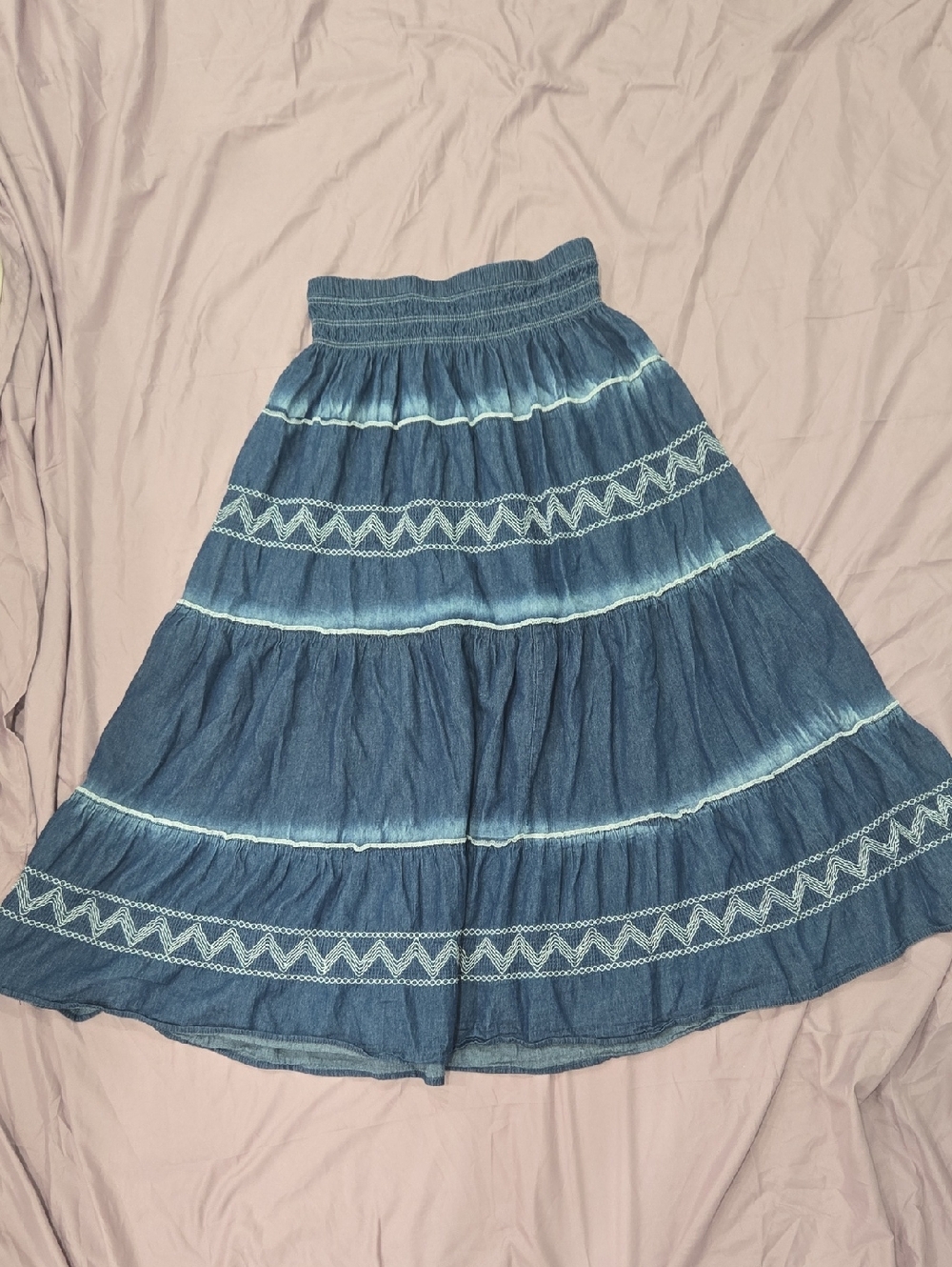 Blue Tiered Maxi Skirt with Embroidered Bands